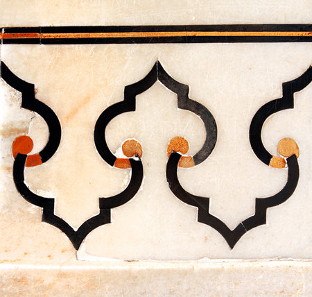 Detail of ancient marble geometrical ornament. Ancient mosaic on marble in Taj Mahal, Indiaの写真素材