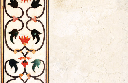 Horizontal or vertical banner with ancient marble floral ornament. Ancient mosaic on marble in Taj Mahal, India. Mock up template. Copy space for textの写真素材