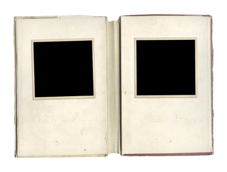 Retro blank photo frames in album. Vintage scrapbook elements. Isolated on white background. Mock up templateの写真素材