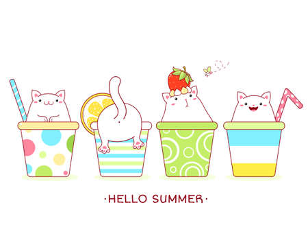 Hello summer. Vacations card with cute cats in cocktail cups. Collection of fat cat with different emotion - funny, happy, surprised. Vector illustrationのイラスト素材