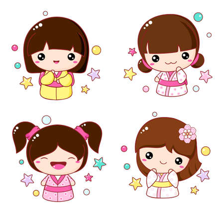 Set of cute icons in kawaii style. Collection of Japanese traditional toy kokeshi doll in kimono. Vector illustration EPS8のイラスト素材
