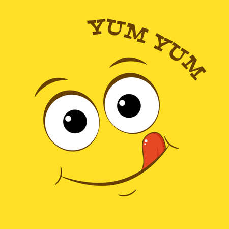 Yummy emoji. Smiling yummy emoticon on yellow background. Inscription Yum yum. Tasty food, gourmet enjoying taste, cook icon. Can be used with t-shirt, stickers, card design. Vector illustrationのイラスト素材