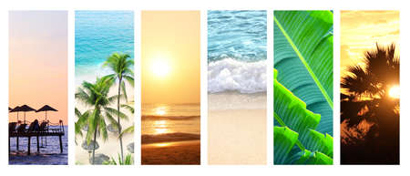Travel and relax concept. Set of vertical banners with palm, sand and ocean waves, silhouette of umbrellas and deck chairs on sunset sky backgroundの写真素材