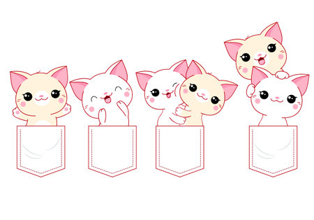 Cute cartoon characters pocket set. Baby collection of kawaii cats in pockets. Childish print with funny kitty for t-shirt. T-shirt design. Vector EPS8のイラスト素材