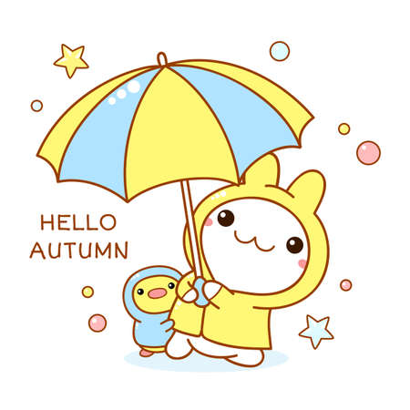 Bunny and duckling. Cute little duck and rabbit friends in raincoats and with an umbrella. Inscription Hello Autumn. Vector illustration EPS8のイラスト素材