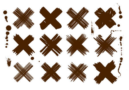 Set of grunge black abstract vector crosses. Hand drawn simple black grunge cross icon collection. Black paint  cross lines. EPS8のイラスト素材