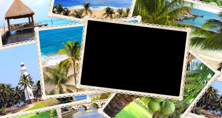 Vintage travel background with retro photos and blank photoframe. Horizontal banner with retro...