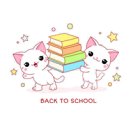 Back to school. Two cute little white cats with books. Kittens read a book. Vector illustration EPS8のイラスト素材