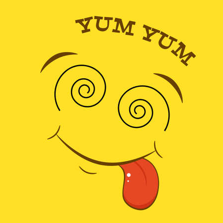 Yummy emoji. Smiling yummy emoticon on yellow background. Inscription Yum yum. Tasty food, gourmet enjoying taste, cook icon. Can be used with t-shirt, stickers, card design. Vector illustration EPS8のイラスト素材