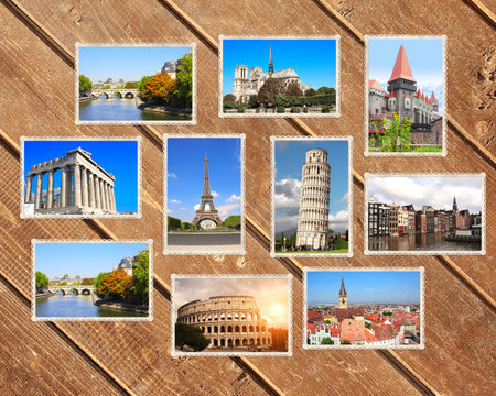 Vintage travel background with retro photos of european landmarks on old wood planks. Eiffel tower in Paris, Leaning Tower of Pisa, Colosseum in Rome, old houses in Amsterdamの写真素材