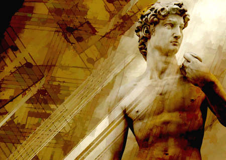 Abstract grunge background with musical symbols and statue of Michelangelo's David. Copy space for...