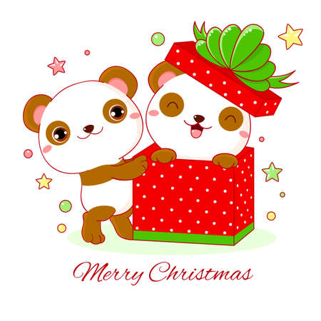Square greeting xmas card with kawaii pandas. Two cute pandas friends playing with gift box. Inscription Merry Christmas. Vector illustration EPS8のイラスト素材