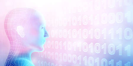 Horizontal abstract hi-tech background with  binary code and digital human profile. Copy space for...