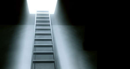 Hope and spirituality concept. Steps leading from a dark basement to open the door. Bright light visible through an open door. Mock up template. Copy space for text. 3d renderの写真素材