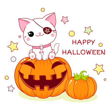 Happy Halloween. Greeting Halloween card with kawaii cat with eye patche sitting on a pumpkin. Vector illustration EPS8のイラスト素材