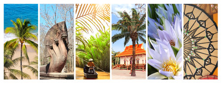 Collection of vertical banners with nature and landmarks of Asia. Palm, beach, Mekong cruise, ancient statue of multi-head naga serpent, lotus flowers, buddhist pavilion. Travel and resort conceptの写真素材