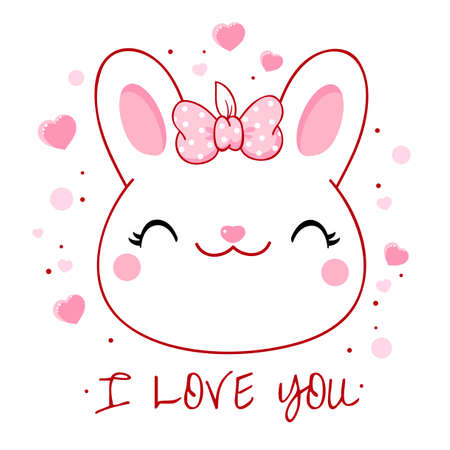 Cute Valentine card in kawaii style. Lovely bunny with pink bow and hearts. Inscription I love you. Can be used for t-shirt print, stickers, greeting card design. Vector illustration EPS8のイラスト素材