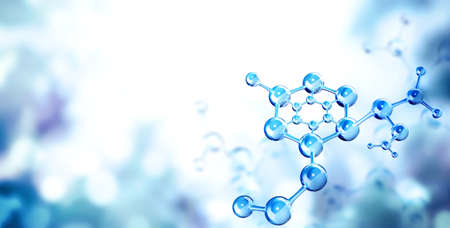 Horizontal banner with models of abstract molecular structure. Isolated on white background. Copy space for your text. 3d renderの写真素材