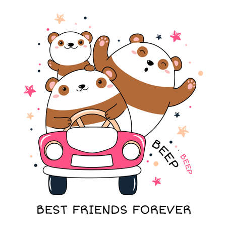 Cute traveler friends rides in the car. Three adventurers pandas by car. Inscription Best friends forever. Can be used for poster, print, t-shirt design. Vector illustration EPS8のイラスト素材