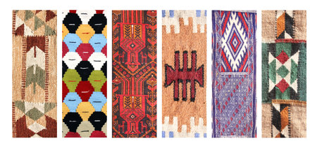 Set of vertical or horizontal banners with textures of berber traditional wool carpet with geometric...