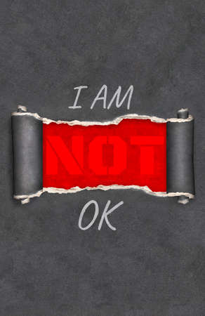 Vertical background with ragged hole torn in ripped paper of dark gray color and inscription I am...