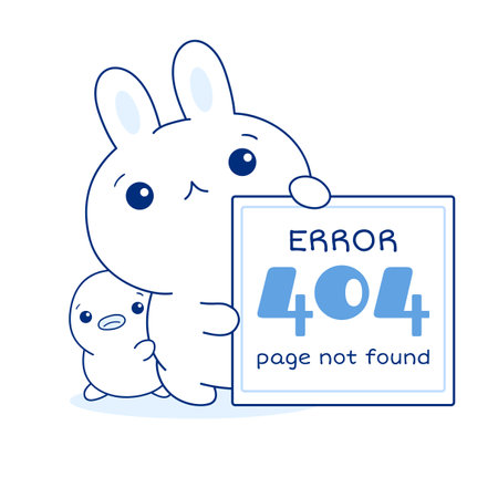404 error Page not found. Sad kawaii bunny and duckling with Error message. Cute little duck and rabbit apologize.  System maintenance, updates, uploading, operation, computing. Vector EPS8のイラスト素材