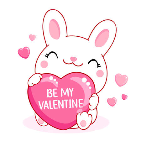 Cute Valentine card in kawaii style. Little white bunny with big pink heart. Inscription Be my Valentine. Can be used for t-shirt print, stickers, greeting card design. Vector illustration EPS8のイラスト素材
