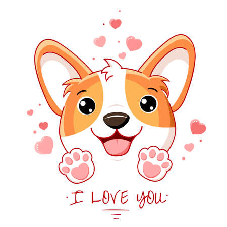 Cute Valentine card in kawaii style. Lovely little corgi puppy with pink hearts. Inscription I love you. Can be used for t-shirt print, stickers, greeting card design. Vector illustration EPS8のイラスト素材