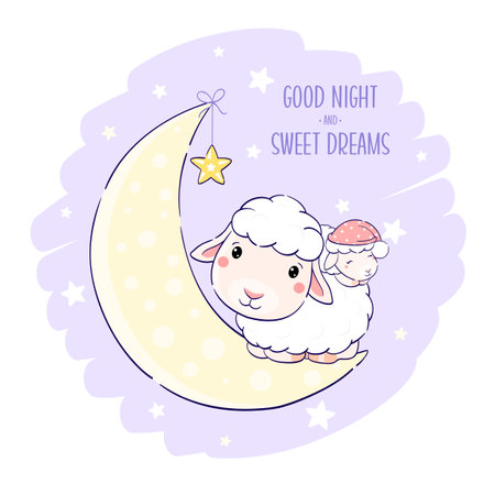 Cute sheep and lamb on moon. Inscription Good night and sweet dreams. Cartoon sheep - mom and baby on crescent. Can be used for childish t-shirt prints, nursery poster, baby shower card. Vector EPS8のイラスト素材