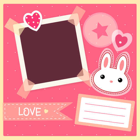 Square Valentine vintage backgrounds with retro photo, sticker and labels. Mock up template. Copy space for text. Valentine's day card for holiday or scrapbooking design. Vector EPS10のイラスト素材