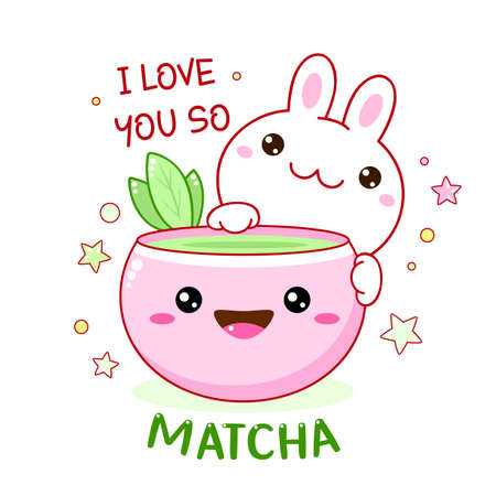 Kawaii bunny with matcha tea cup. Cute little rabbit and bowl of japanese green matcha tea. Inscription I love you so matcha. Vector illustration EPS8のイラスト素材