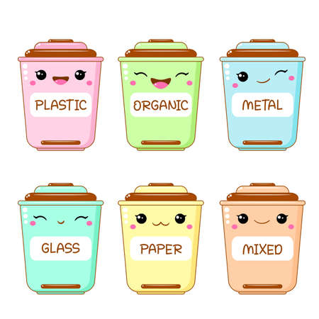 Set of containers for glass, metal, organic, paper, plastic and mixed trash. Kawaii recycle bins with smiling faces. Cute cartoon dustbin characters. Separate garbage set. Vector illustration EPS8のイラスト素材