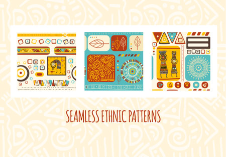 Set of seamless patterns with tribal ornaments of red, yellow, blue and brown colors. Endless texture can be used for pattern fills, web page background, surface textures. Vector illustrationのイラスト素材