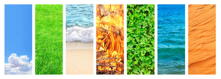 Collection of vertical banners with nature elements - water; ground, air and fire. Set of backdrops with sky, sand, water, grass and flame. Copy space for textの写真素材