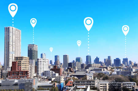 Network connection concept. Aerial view of Tokyo with red location pin. Global positioning system pin map. Map pins with Tokyo city, Japanの写真素材