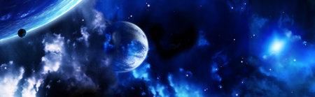 Horizontal galaxy banner. A beautiful space scene with sun, planets and nebula. 3d renderの写真素材