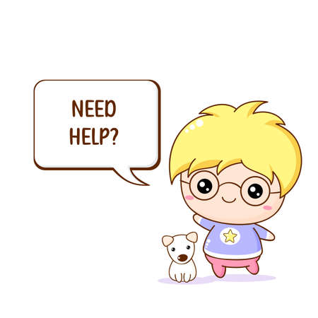 Customer support. A little boy with glasses offers to help. Assistance concept. Cute friends boy and dog.  Vector Illustration EPS8のイラスト素材