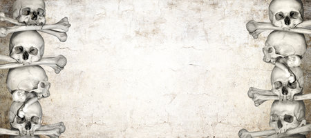 Halloween grunge background with texture of old wall and human skull and bone. Horizontal banner...