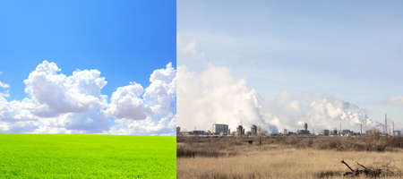 Ecology, nature, pollution, and clean energy concept. Environmental pollution. Before and after -...