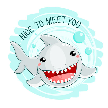 Nice to meet you. Kawaii shark happy to meet you. Can be used for greeting card, poster, print, banner, kid t-shirt. Vector illustration EPS8のイラスト素材