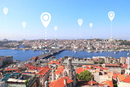 Network connection concept. Aerial view on  Istanbul with location pin. Global positioning system pin map. Map pins with top view on Istanbul, Suleymaniye Mosque and Bosphorus, Turkeyの写真素材