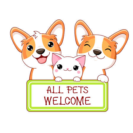 Kawaii two corgi puppies and kitty with pet friendly vector label. Stamp or sticker with pet friendly text. Vet clinic, shop label, sticker. Inscription All Pets Welcome. Vector illustration EPS8のイラスト素材