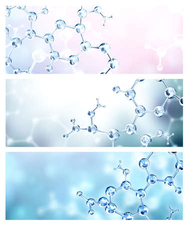 Set of horizontal banners with models of abstract molecular structure on blue background. Copy space for your text. Mock up template. 3d renderの写真素材