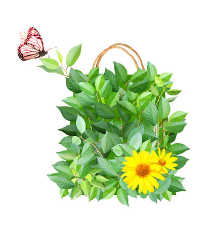 Responsible consumption. Butterfly and shopping bag made from green leaves and flowers. Eco-friendly business. Ecology and zero waste concept. Isolated on white backgroundの写真素材