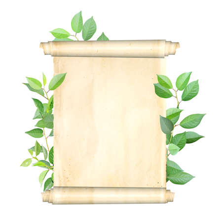 Vertical banner with medieval scroll and green leaves. Sustainable development of strategy approach to zero waste, responsible consumption. Eco-friendly concept. Isolated on white. Copy space for textの写真素材