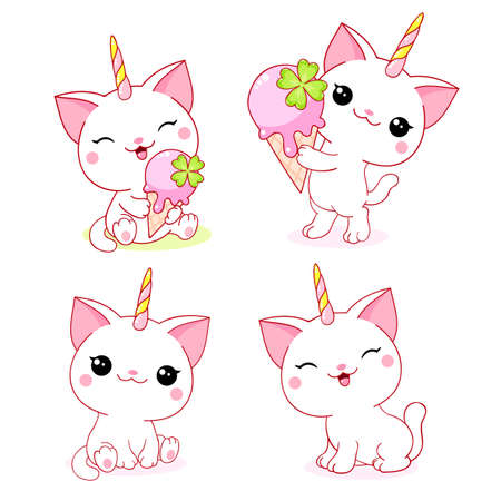 Caticorn set in kawaii style. Little unicorn cat with ice cream. Happy white kitten unicorn. Collection of cartoon magic characters. Vector illustration EPS8のイラスト素材