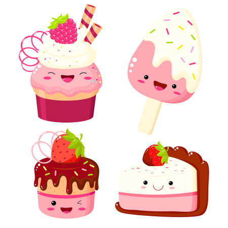Set of cute cake, muffin, cupcake, cheesecake. Collection of kawaii sweet dessert characters with smiling face and pink cheeks for sweet design. Vector illustration EPS8のイラスト素材