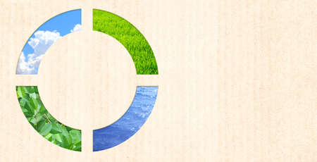 Nature resource and cardboard texture. Horizontal banner with eco paper texture and grass, sky, water. Ecology and zero waste concept. Global ecological resource. Copy space for text. Mock up templateの写真素材