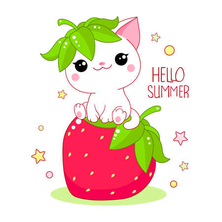 Cute white cat on big strawberry. Inscription Hello summer. Kawaii little kitty and ripe red berry. Happy summer time. Vector illustration EPS8のイラスト素材