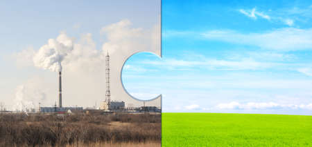 Ecology, nature, pollution, and clean energy concept. Environmental pollution. Puzzle parts with...